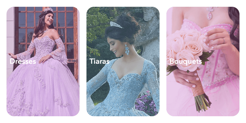 Quinceañera dresses, tiaras, bouquets
